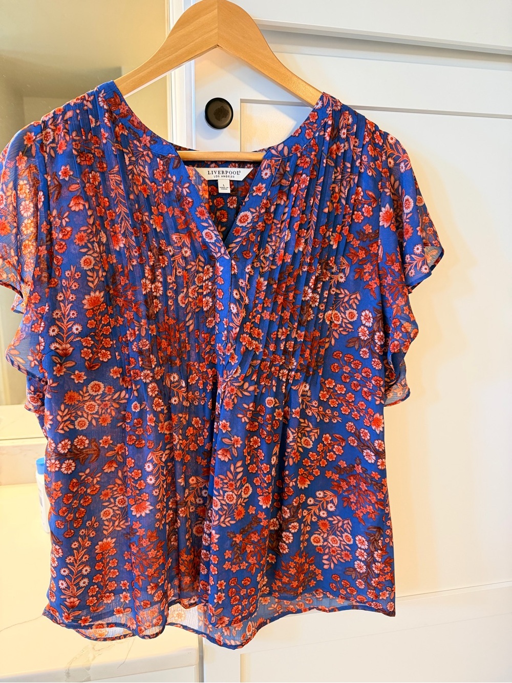 Liverpool Blue Floral Pintuck Flutter Sleeve Blouse